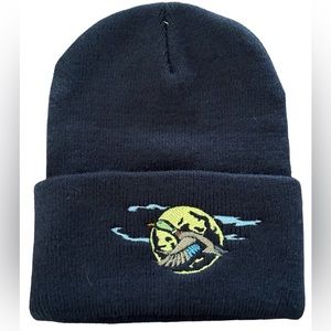 PORT AND COMPANY Navy Blue beanie hat with embroidered duck flying by the moon